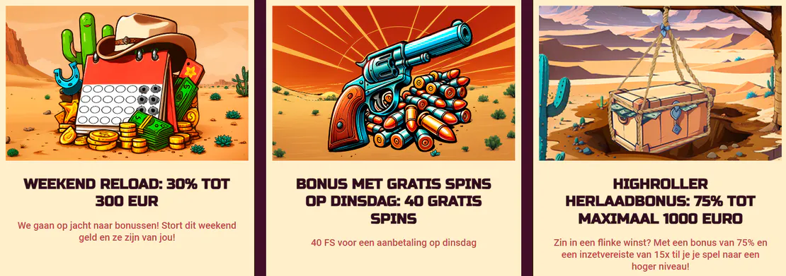Wild Wild Casino promoties met 30% weekend reloadbonus tot €300, 40 gratis spins op dinsdag en 75% highrollerbonus tot €1.000